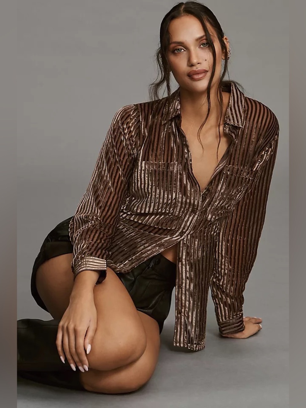 Pilcro NWT Velvet Sheer Burnout Blouse Buttondown Shirt Button-Up Anthropologie